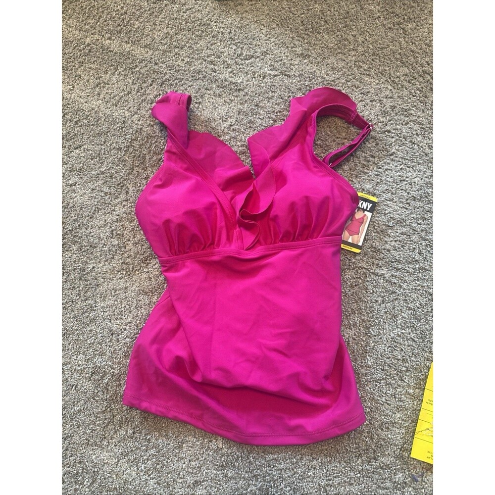 DKNY Tankini Top Womens Fuchsia Pink Ruffle Swim UPF V Cross Neck Med MSRP 118$
